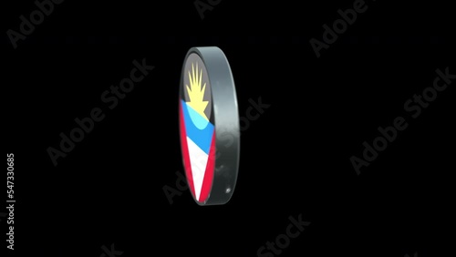 3D rotating Flag of Antigua and barbuda on Transparent Background. Antigua and barbuda Flag Glass Button Concept Style with Circular Metal Frame. render with ProRes 4444, alpha channel. 4K video.