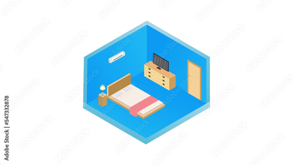 Modern bedroom interior with furniture in isometric style.Interior Hotel Room Isometric View with Furniture and Equipment Comfortable and Classic Design