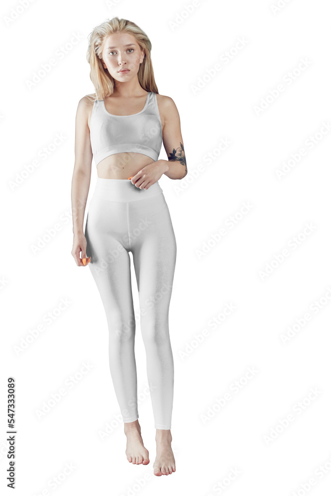 Young blonde woman in a white sports top and leggings. Mock-up. Png. Young blonde woman in a white sports top and leggings. Mock-up. Png.