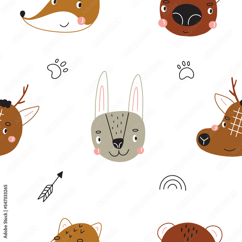 Seamless pattern with wild animals in scandinavian style. Vector illustration isolated on white background for textile and nursery decoration Seamless pattern with wild animals in scandinavian style. Vector illustration isolated on white background for textile and nursery decoration