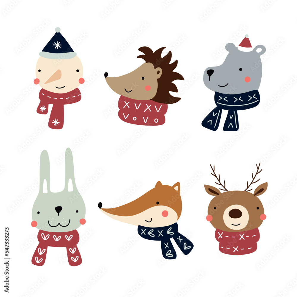 Vector set of cute forest animals and funny snowman in winter scarves and hats for your design Vector set of cute forest animals and funny snowman in winter scarves and hats for your design