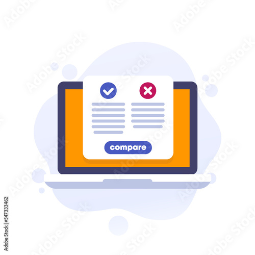 Pros and cons vector icon with laptop photo