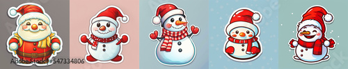 Snowman collection in Santa Claus suit vector sticker graphic design for Christmas