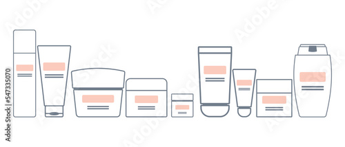 Set with white and pink set different jars cream on white background. Illustration on white backdrop. Organic beauty, natural concept. Medical illustration set. Vector isolated set. Cosmetic concept. 