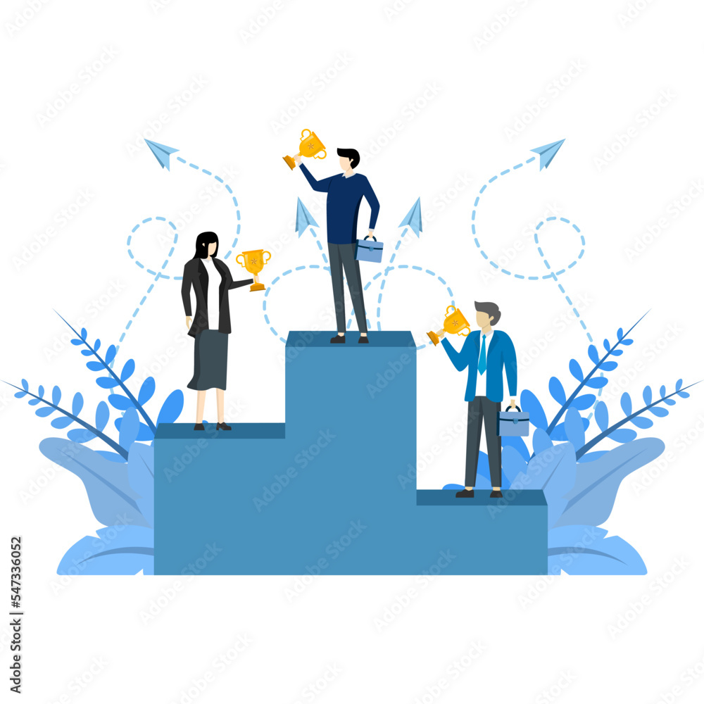 Fototapeta premium happy businessman having winner, leadership qualities in creative team, successful career, direction to successful path, building trophy vector flat modern design illustration