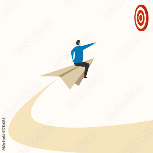 businessman or male character sitting and flying on paper airplane towards target or goal. Target marketing concept, leader in business. flat style vector illustration concept
