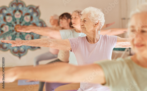 Photo Yoga fitness, class and senior women training for elderly wellness, health and retirement self care in pilates studio
