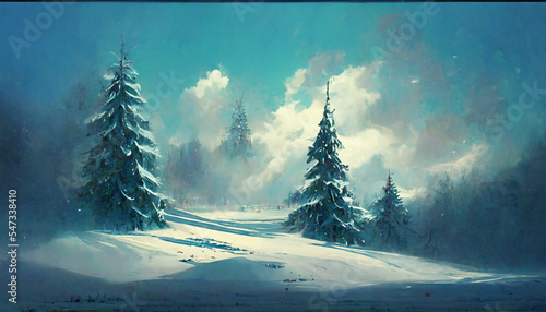 Winter snowland with pine trees cloudy sky photo