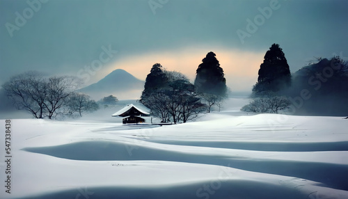 Winter snowland with pine trees cloudy sky photo