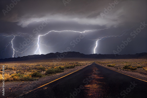 thunderstorm and lightning over abandoned roan in nevada desert