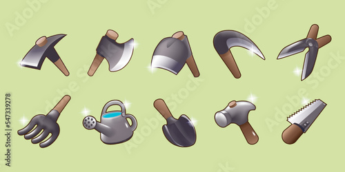 cute gardener tools equipment 3d cartoon and game style vector illustration on green