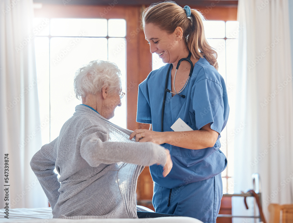 Obraz premium Nurse, healthcare and senior woman in nursing home with physician helping her dress up. Disability, rehabilitation and female medical worker with retired patient in home with care, empathy or support