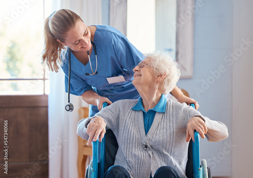 Obraz na płótnie Nurse, home and elderly woman with a disability in a wheelchair in medical nursing facility