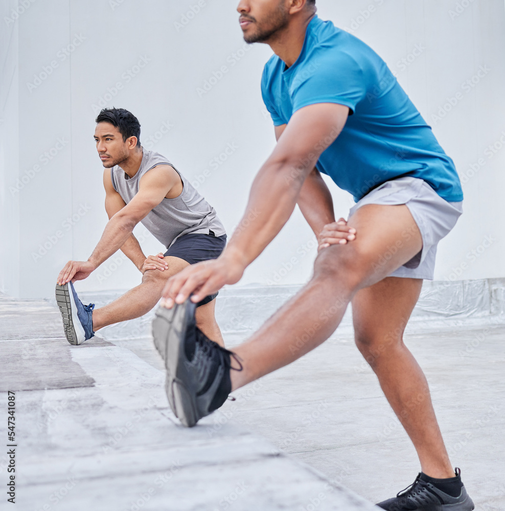 Fitness, exercise and friends stretching legs outdoor for health or wellness. Training, sports and men and healthy warm up before running, exercising or training workout on in urban city or brazil