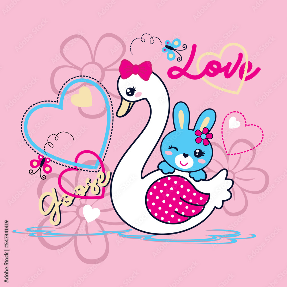Vector illustration of romantic swan with beautiful flower
