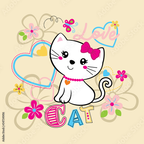 Vector illustration of cute cat with beautiful flower