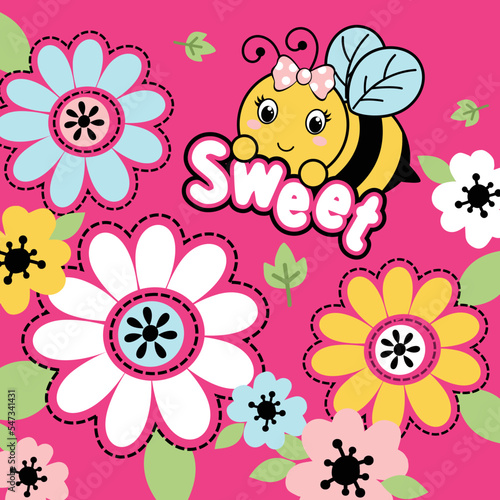 Vector illustration of cute bee with beautiful flower
