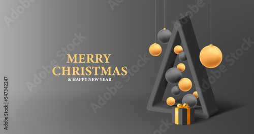 Merry Christmas greeting card with stylized Christmas tree and Christmas balls with gift box, black and gold colors