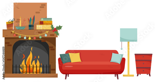 Christmas fireplace room interior in colorful cartoon flat style.