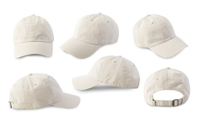 Set of Beige Baseball cap isolated on white background with clipping path.