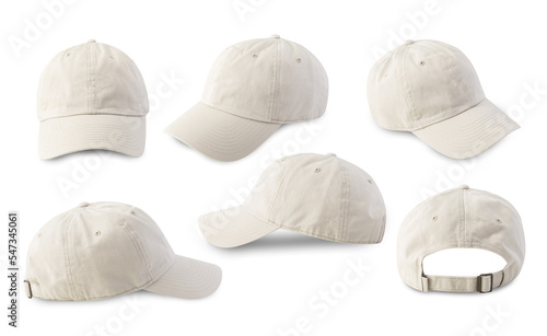 Set of Beige Baseball cap isolated on white background with clipping path.