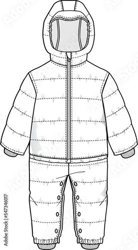 KID BOYS WEAR  COSY SNOW SUIT ALL IN ONE FLAT ILLUSTRATION SKETCH VECTOR