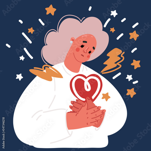Cartoon vector illustration of Young woman with big red heart.