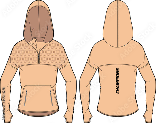 Women Running shell Hoodie jacket sweatshirt design template in vector, girls Hooded jacket sweater with front and back view, hooded winter jacket for ladies to ski and workout in winter