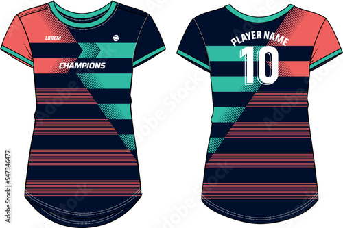 Women Sport Jersey t-shirt design flat sketch Illustration, stripe pattern Round neck t shirt for girls and Ladies Volleyball jersey, Football, badminton, Soccer and netball, Sport uniform kit