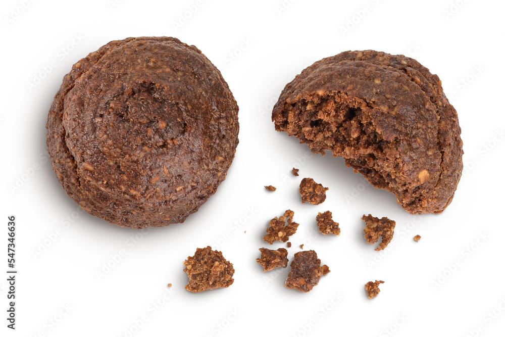 chocolate cookie with kerob, banana, cashew, sunflower seeds isolated on white background. Healthy food, gluten-free, flour-free. Top view. Flat lay. chocolate cookie with kerob, banana, cashew, sunflower seeds isolated on white background. Healthy food, gluten-free, flour-free. Top view. Flat lay.