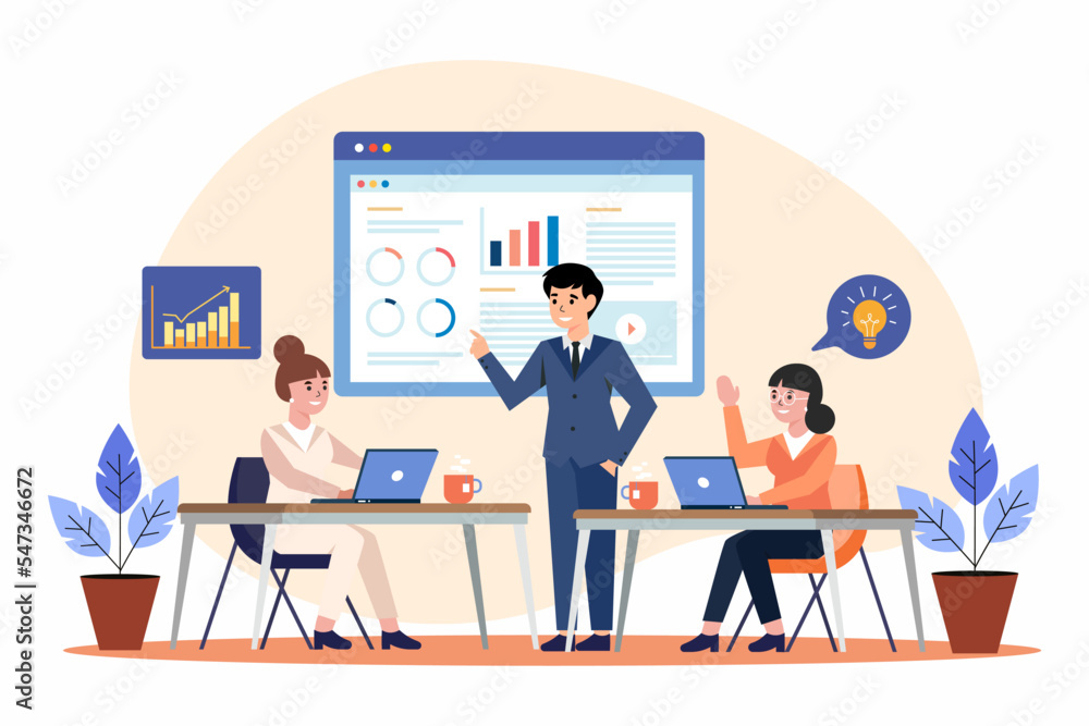 Business team or managers discussing a new startup project brainstorming or teamwork vector design. Business team or managers discussing a new startup project brainstorming or teamwork vector design.