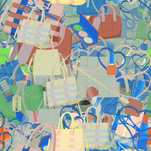 Background pattern abstract design texture. Seamless. Theme is about makeup, handle, Tote, stuff, romance, Barber pole, pomatum, purse, small, powder, handbag, maquillage, scissors, relations