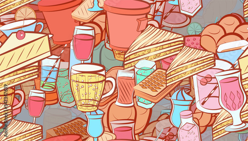Background pattern abstract design texture. Seamless. Drinks and Bakery products. Theme is about soda, mini buns, stand, baklava, sandwich, alcohol, a sandwich, kvass, cream, pie, ice cream