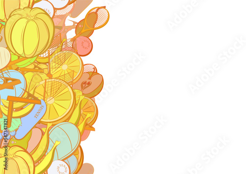 Background pattern abstract design texture. Tennis and Fruits. Vertical seamless stripe. Border frame, transparent background. Theme is about incision, pinch, sports judge, couple, half