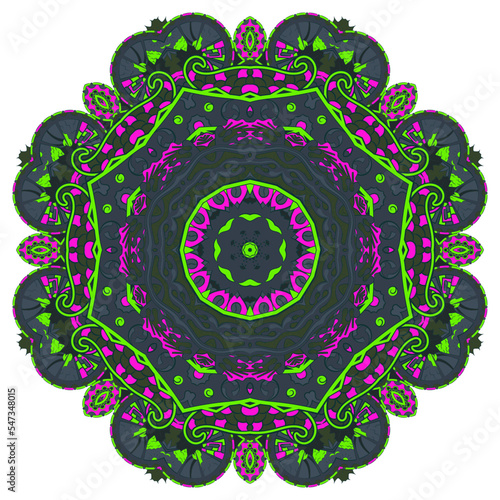 Mandala. Tracery wheel image. Mehndi design. Dark toxic colors. Ethnic doodle art. Curved doodling picture. Vector
