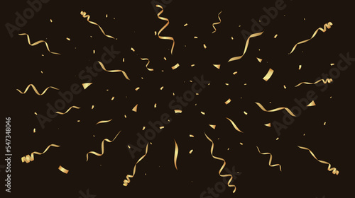 Gold confetti burst. Festive backdrop. Party background with golden ribbons