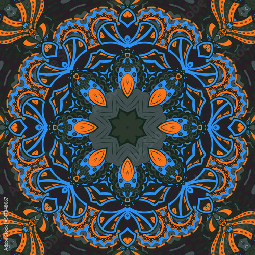 Seamless tile texture. Tracery mehndi design image. Dark toxic colors. Ethnic doodle art. Curved doodling picture. Vector