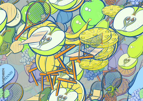 Background pattern abstract design texture. Seamless. Tennis and Fruits. Theme is about game table, orange, clip, pinch, incision, peel, lathing, observer, net, slices, inventory, fetus