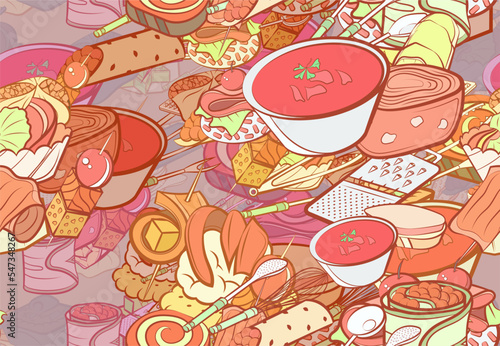 Background pattern abstract design texture. Seamless. Snacks and Cutlery. Theme is about satiety, knife, roll, scoop, six-pointed, stuffed cabbage, vitamins, mini cake, soup, meat hammer