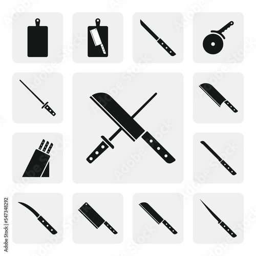 Crossed knife and sharpener flat web icon. Kitchen knife and sharpening steel sign silhouette. Knife and kinfe sharpener solid black icon vector design cartoon clipart. Kitchen utensils icon set