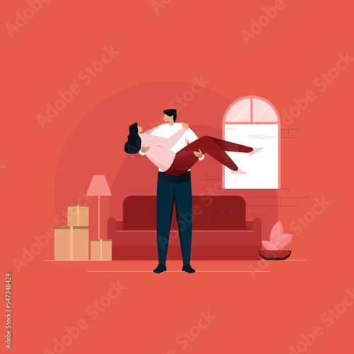 Romantic young couple, Man lifting women Holding in Hand, Husband carrying his Wife in New Home Illustration