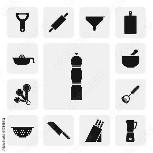 Peppermill flat web icon. Simple pepper grinder sign silhouette. Grinder for salt or pepper solid black icon vector design. Pepper mill cartoon clipart. Kitchen tools concept icon set