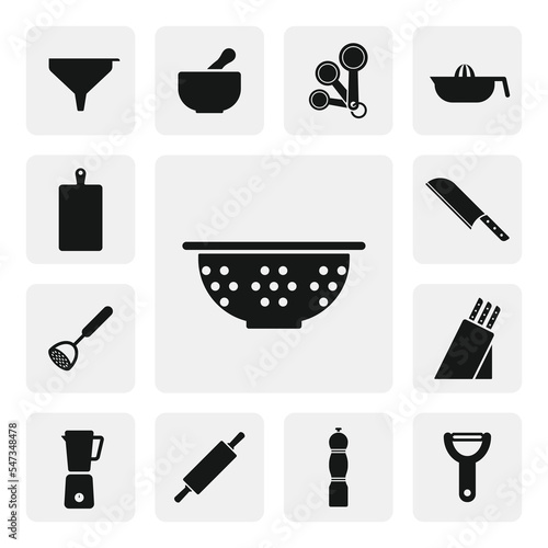 Colander flat web icon. Simple colander sign silhouette. Colander for draining solid black icon emblem vector design. Colander cartoon clipart. Kitchen tools concept icon set