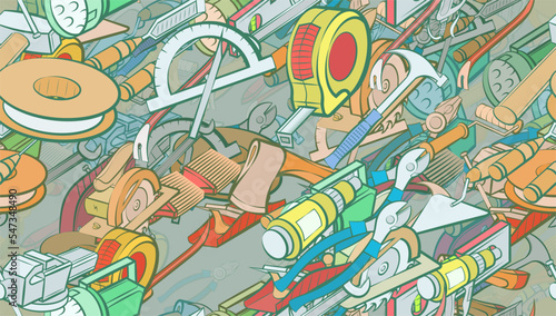 Background pattern abstract design texture. Seamless. Building tools and Repair. Theme is about painting walls, fum-tape, drill, sledgehammer, lamp, nuts, nail catcher, forceful effect, nippers