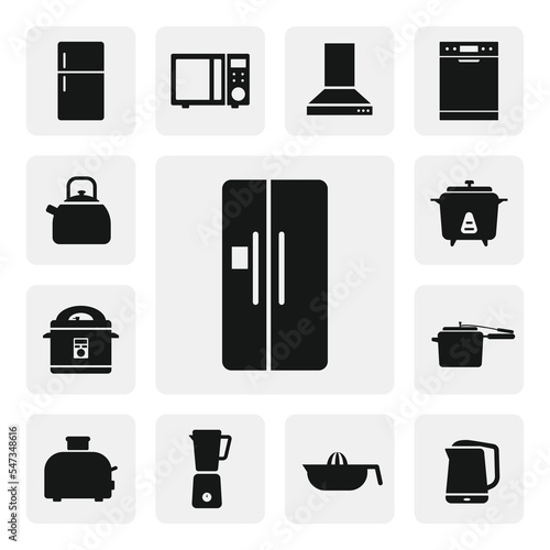 Refrigerator flat web icon. Simple fridge sign silhouette. Modern side by side refrigerator solid black icon vector design. Refrigerator cartoon clipart. Kitchen appliances concept icon set
