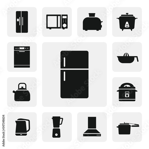 Refrigerator flat web icon. Simple fridge sign silhouette. Top mount refrigerator solid black icon vector design. Old style refrigerator cartoon clipart. Kitchen appliances concept icon set