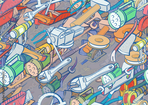 Background pattern abstract design texture. Seamless. Building tools and Repair. Theme is about instruments, protractor, stationary, shine, painter, building level, forceful effect, waterproofing