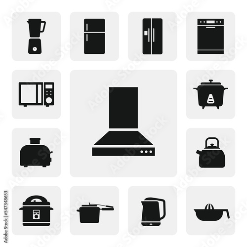 Range hood flat web icon. Simple Kitchen hood sign silhouette. Kitchen range hood solid black icon vector design. Vent hood cartoon clipart. Kitchen concept symbol. Kitchen appliances icon set