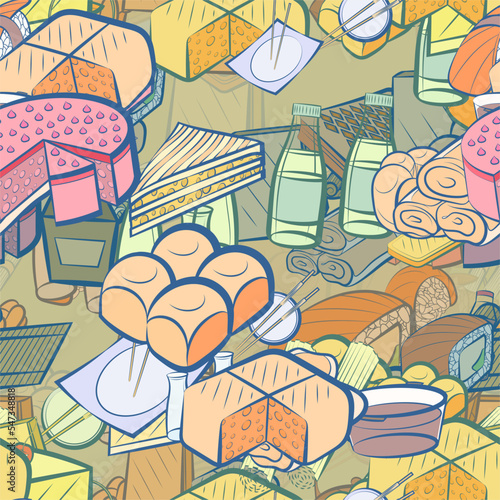 Background pattern abstract design texture. Seamless. Bakery products and Japanese food. Theme is about sauce cup, spicy, bamboo mat, saturated with filling, divided, pie, sandwich, cake