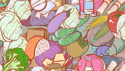 Background pattern abstract design texture. Seamless. Health food and Japanese food. Theme is about solid, cabbage, broccoli, whole onion, cucumbers, spring onions, in the leaves, washed